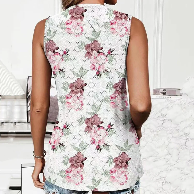 Women Spring Summer Round Neck Printed Vest T-Shirt Top, Size: XL(Red Flowers On White) - Image 3