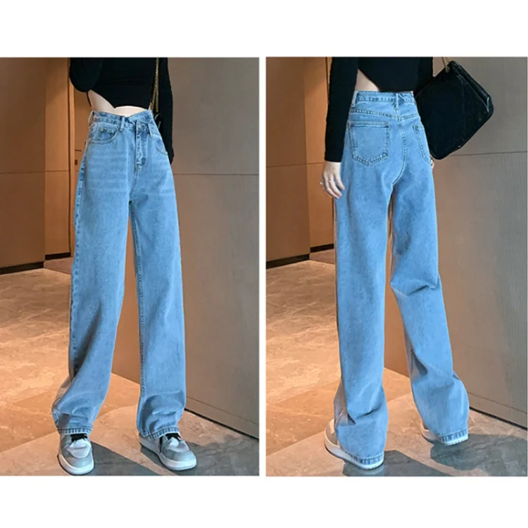 Women Straight Loose Crossover High Waist Wide Leg Jeans, Size: L(Light Blue Cropped Pants) - Image 2