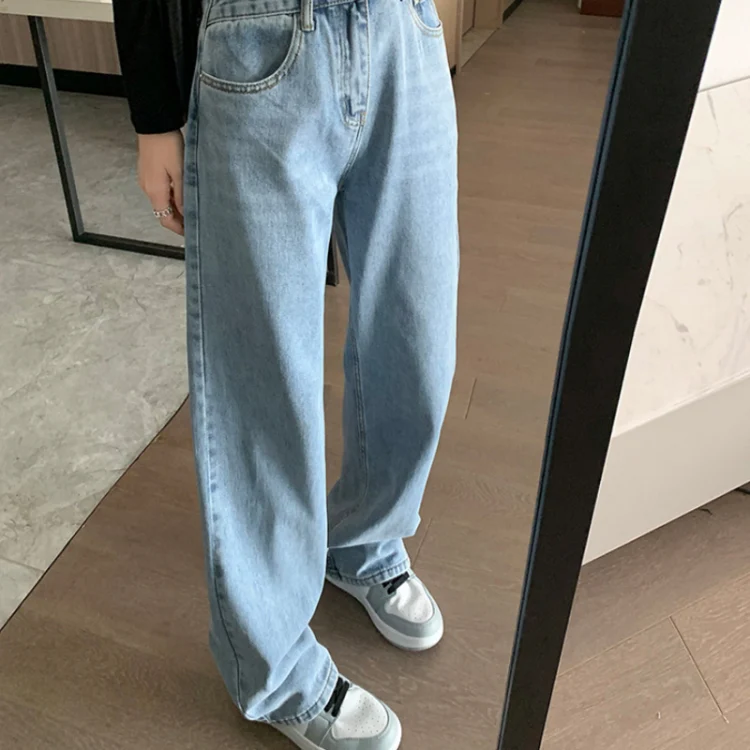 Women Straight Loose Crossover High Waist Wide Leg Jeans, Size: M(Light Blue Cropped Pants) - Image 4