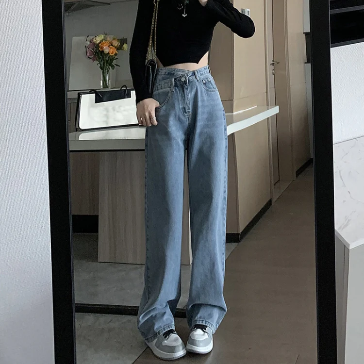 Women Straight Loose Crossover High Waist Wide Leg Jeans, Size: S(Light Blue Cropped Pants)