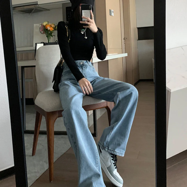 Women Straight Loose Crossover High Waist Wide Leg Jeans, Size: XL(Light Blue Cropped Pants) - Image 5