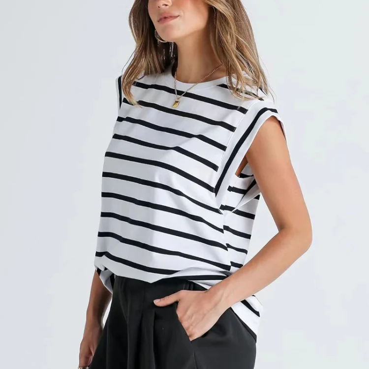 Women Stripe Style Summer Loose Top Basic T-Shirt Round Neck Casual Tank, Size: XL(White) - Image 2