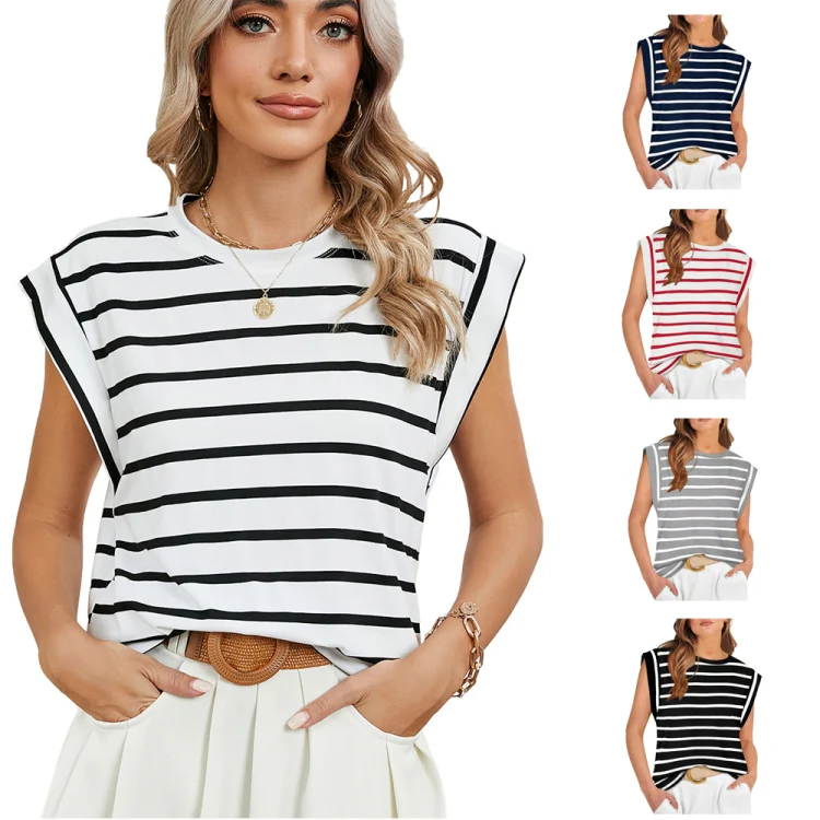 Women Stripe Style Summer Loose Top Basic T-Shirt Round Neck Casual Tank, Size: XL(White) - Image 5