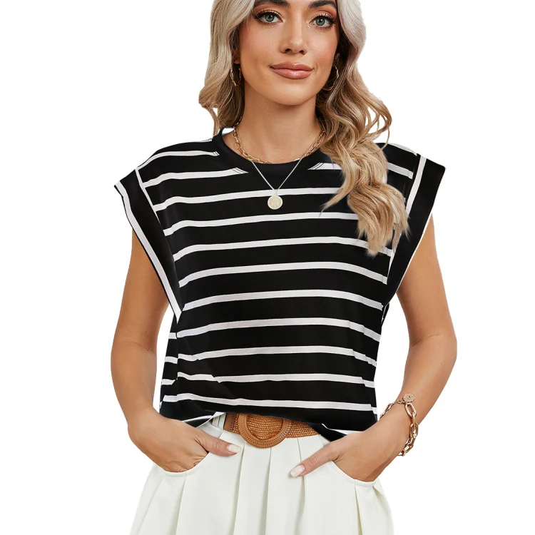 Women Stripe Style Summer Loose Top Basic T-Shirt Round Neck Casual Tank, Size: XXL(Black)
