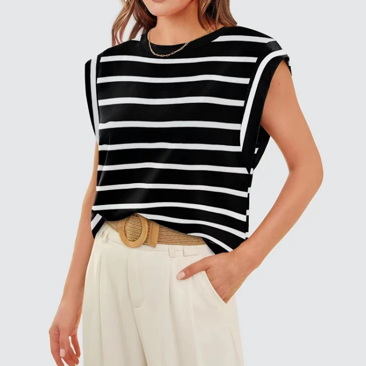 Women Stripe Style Summer Loose Top Basic T-Shirt Round Neck Casual Tank, Size: XXL(Black) - Image 2