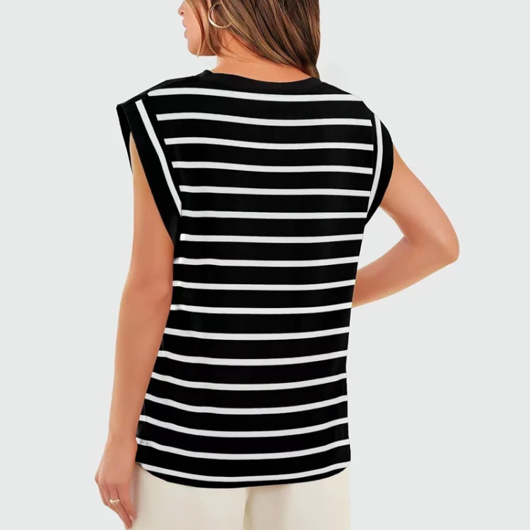 Women Stripe Style Summer Loose Top Basic T-Shirt Round Neck Casual Tank, Size: XXL(Black) - Image 3