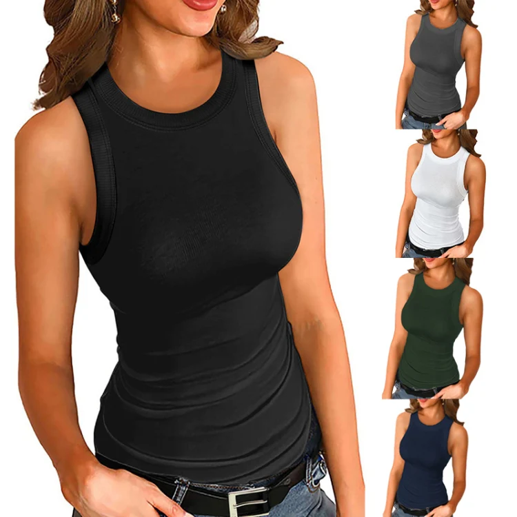 Women Summer Knitted Vest Outer Wear Solid Color Round Neck Slim Undershirt, Size: M(Dark Green) - Image 2