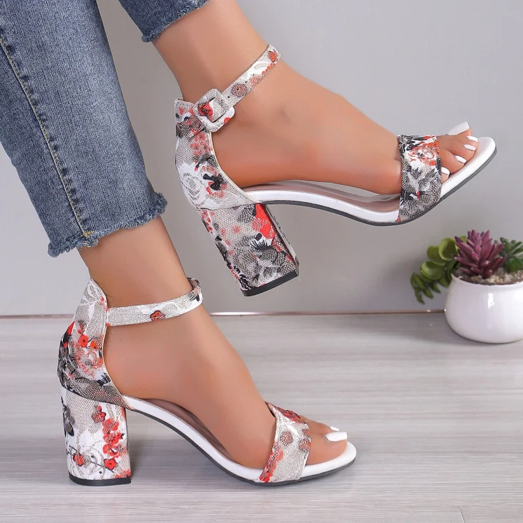 Women Summer Roman Sandals Thick Bottom Slope Heel Printed Buckle High Heels Sandals, Size: 39(Red)