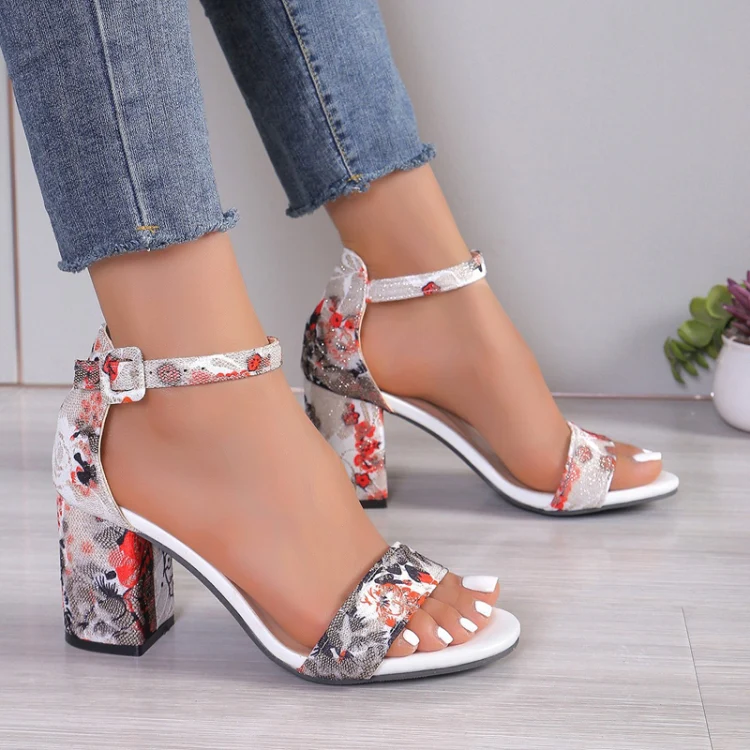 Women Summer Roman Sandals Thick Bottom Slope Heel Printed Buckle High Heels Sandals, Size: 39(Red) - Image 6