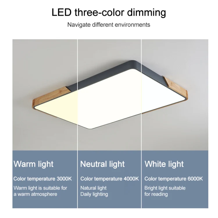Wood Macaron LED Rectangle Ceiling Lamp, 3-Colors Light, Size:110x70cm(White) - Image 6