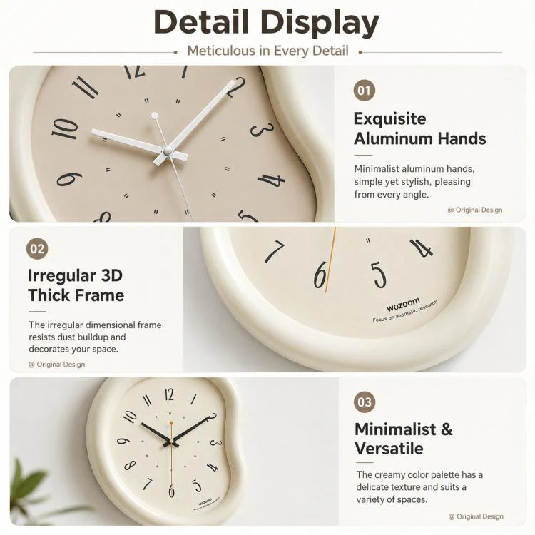 wozoom Living Room Modern Art Wall Clock Minimalist Cream Style Silent Decorative Clock, 尺寸: Dust-proof Cream Brown - Image 7