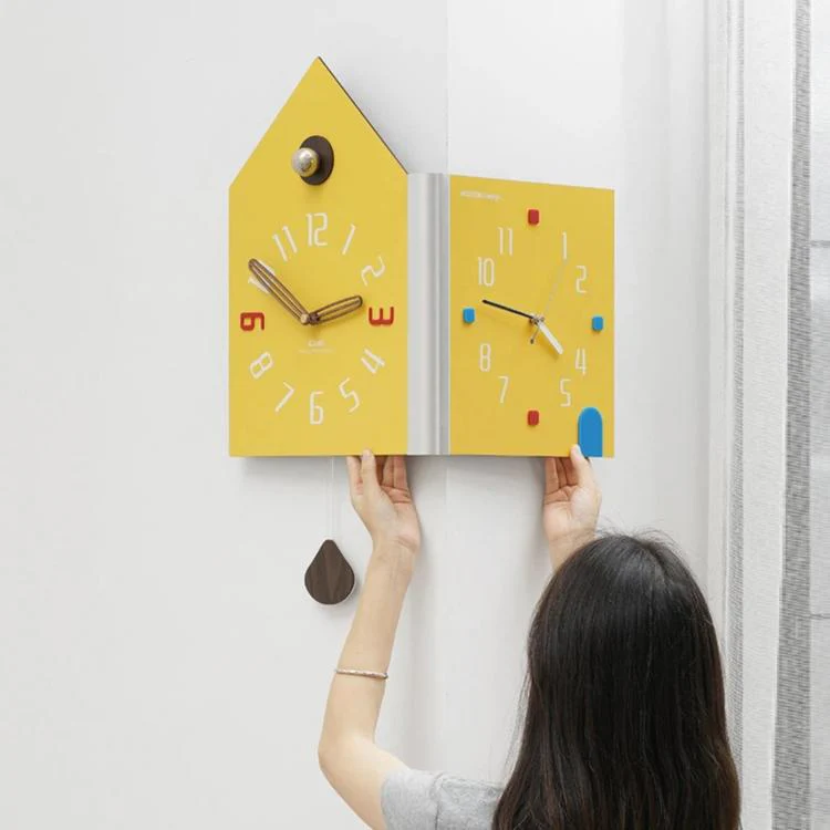 wozoom Modern Corner Double Sided Wall Clock Silent House Shaped Decorative Clock, Spec: Yellow Medium - Image 5