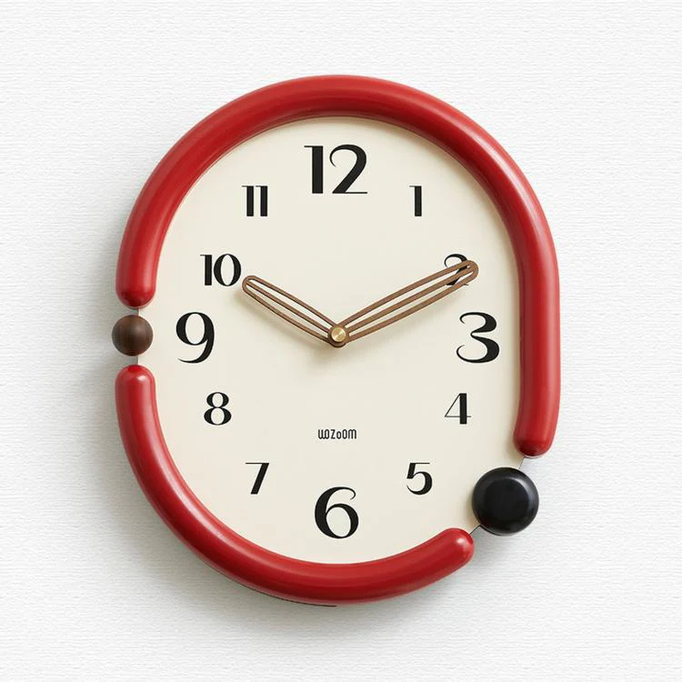 wozoom Retro Oval Wall Clock Silent Decorative Quartz Clock, Spec: 3D Design Wooden Hands Red