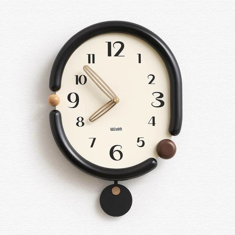 wozoom Retro Oval Wall Clock Silent Decorative Quartz Clock, Spec: 3D Design Wooden Hands Swinging Black