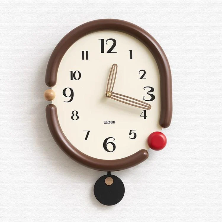 wozoom Retro Oval Wall Clock Silent Decorative Quartz Clock, Spec: 3D Design Wooden Hands Swinging Brown