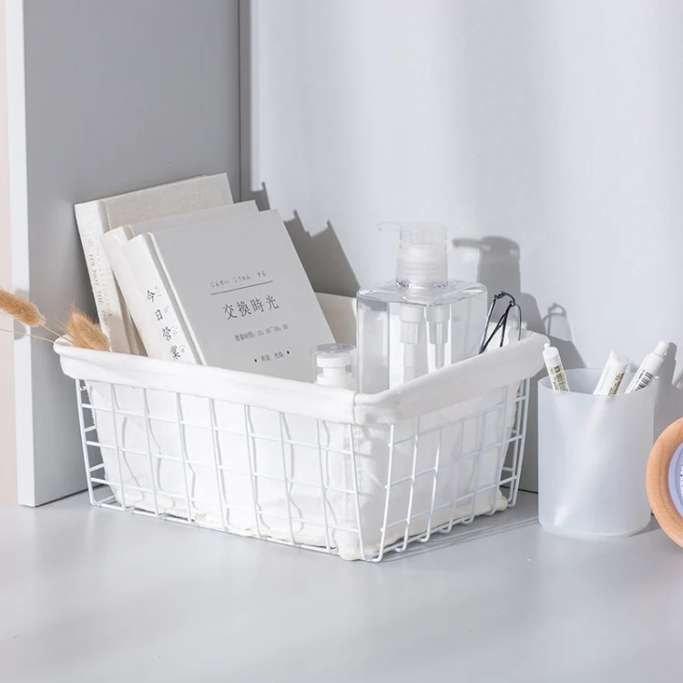 Wrought Iron Tabletop Snack Storage Box Sundries With Cloth Storage Basket(White) - Image 3