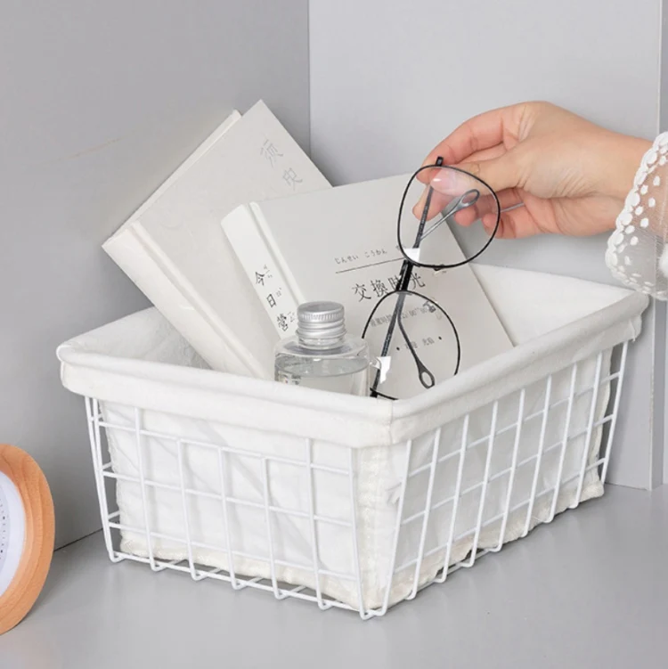 Wrought Iron Tabletop Snack Storage Box Sundries With Cloth Storage Basket(White) - Image 7