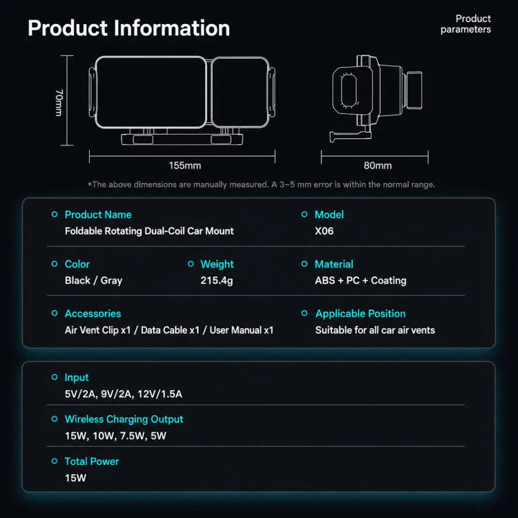 X06 Foldable Screen 15W Wireless Charger Rotating Navigation Bracket(Black Bracket + Tripod) - Image 12