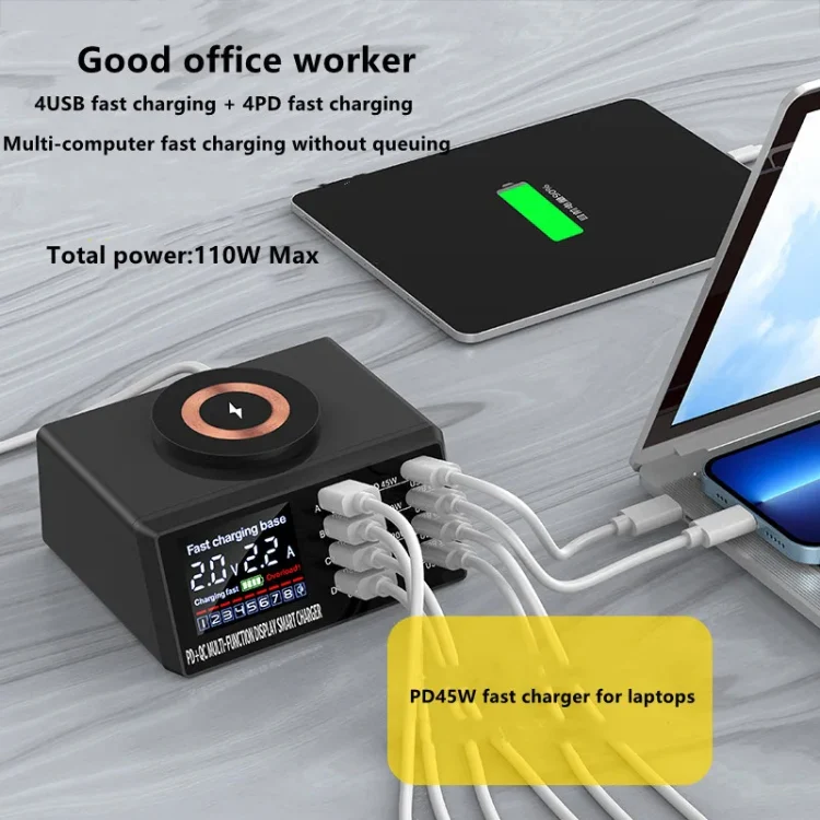 X9M 9-in-1 110W USB+PD Smart Multi-ports QI Magnetic Wireless Charger, Spec: Black UK Plug - Image 8