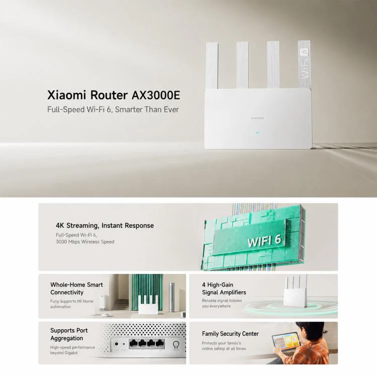 Xiaomi Router AX3000E Wi-Fi 6 3000Mbps Dual-Band, US Plug(White) - Image 2