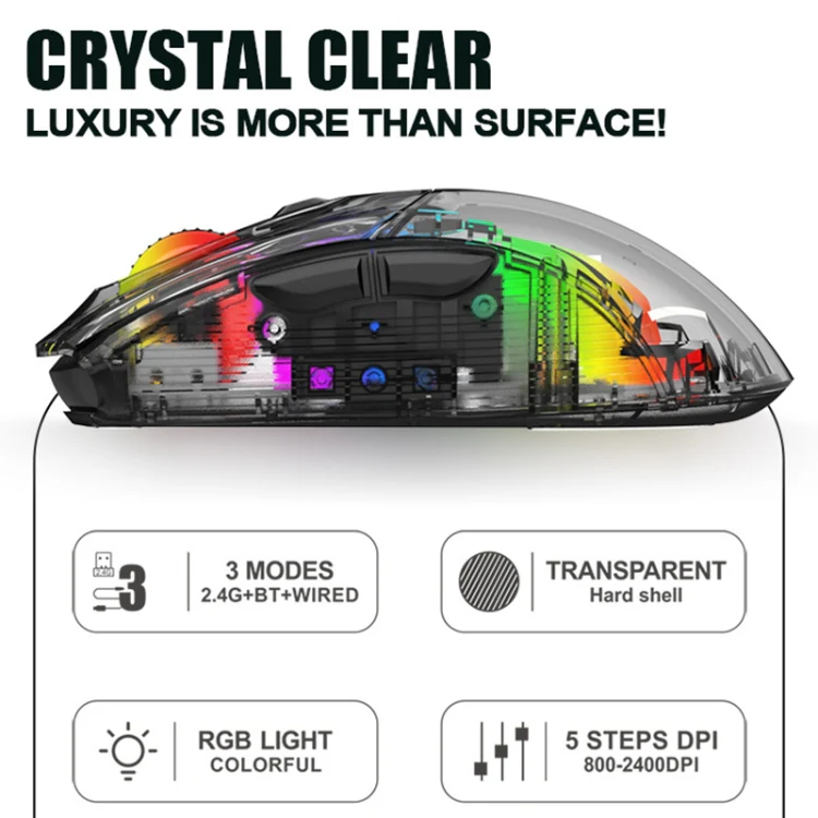 XUNFOX XYH20RGB 2.4G + BT + Wired Transparent 2400DPI RGB Light Gaming Mouse(Black) - Image 2