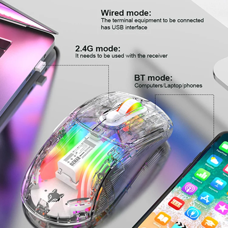 XUNFOX XYH20RGB 2.4G + BT + Wired Transparent 2400DPI RGB Light Gaming Mouse(Black) - Image 7
