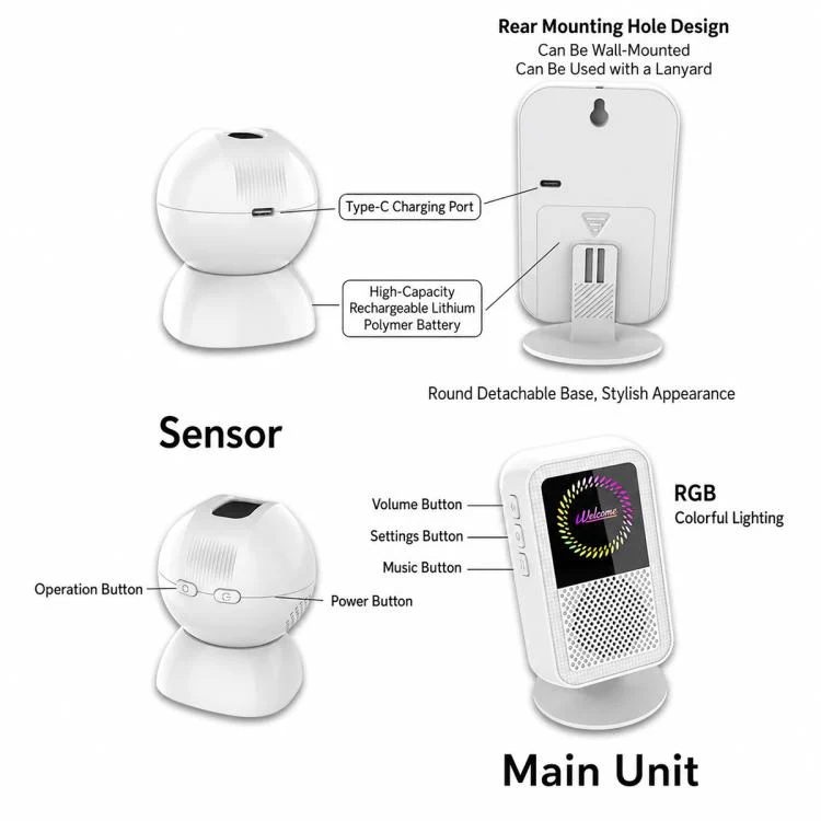 XY-501 Rechargeable Magnetic Sensor Split Welcome Doorbell(1 For 1 White) - Image 12