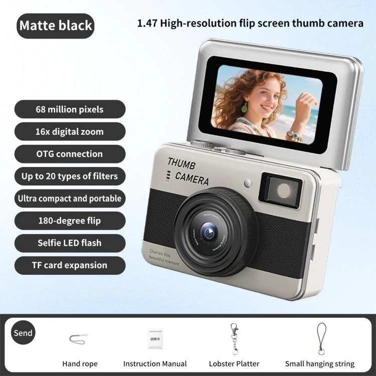 Y11 Macaron Dual-Color CCD 16X Zoom Mini Digital Camera for Kids with 180 Degree Flip Selfie Screen(Matte Black) - Image 2