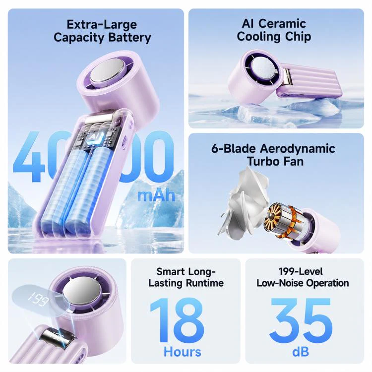 Y29 High Speed Cooling Folding Handheld Fan with Digital Display(Purple) - Image 4