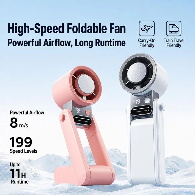 Y38 199-Level Smart Digital Display Sliding Adjustment Mini Tri-Fold Handheld Cooling Fan(White) - Image 3