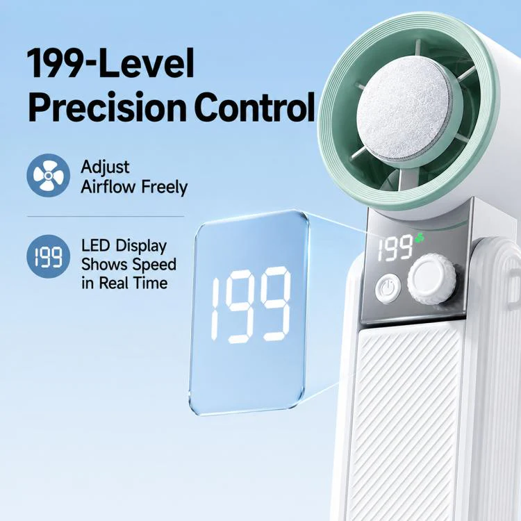 Y39 199-Level Smart Digital Display Knob Adjustable Mini Tri-Fold Handheld Cooling Fan(Green White) - Image 7
