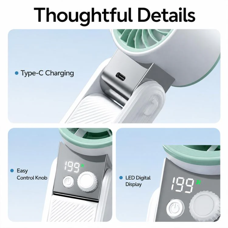 Y39 199-Level Smart Digital Display Knob Adjustable Mini Tri-Fold Handheld Cooling Fan(Green White) - Image 9