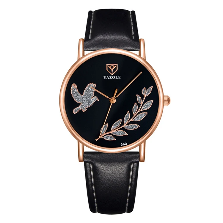 YAZOLE 360 Leather Band Dove of Peace Diamond Lady Watch(Black+Black)