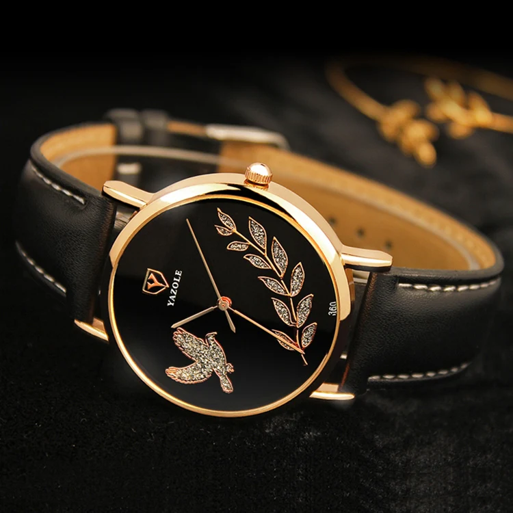 YAZOLE 360 Leather Band Dove of Peace Diamond Lady Watch(Black+Black) - Image 2