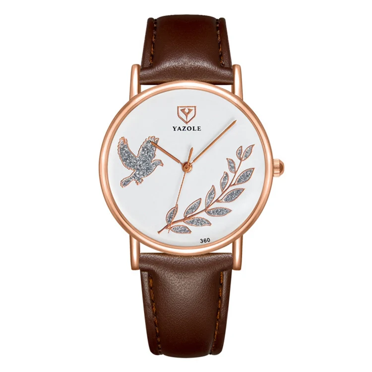 YAZOLE 360 Leather Band Dove of Peace Diamond Lady Watch(White+Brown)