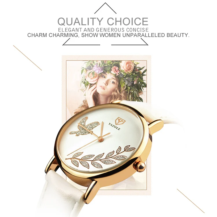 YAZOLE 360 Leather Band Dove of Peace Diamond Lady Watch(White+Brown) - Image 4