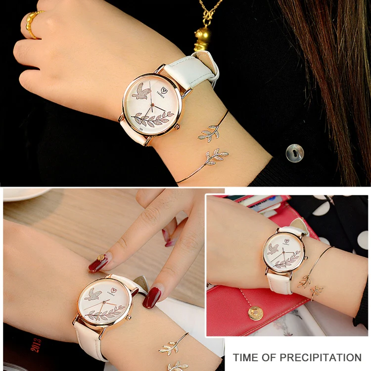 YAZOLE 360 Leather Band Dove of Peace Diamond Lady Watch(White+Brown) - Image 6