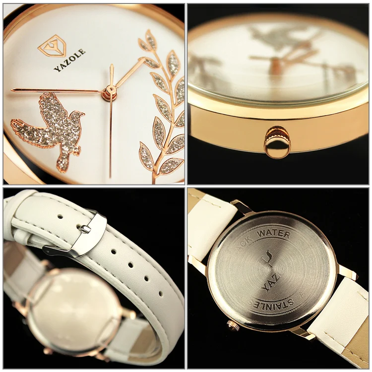 YAZOLE 360 Leather Band Dove of Peace Diamond Lady Watch(White+Red) - Image 5