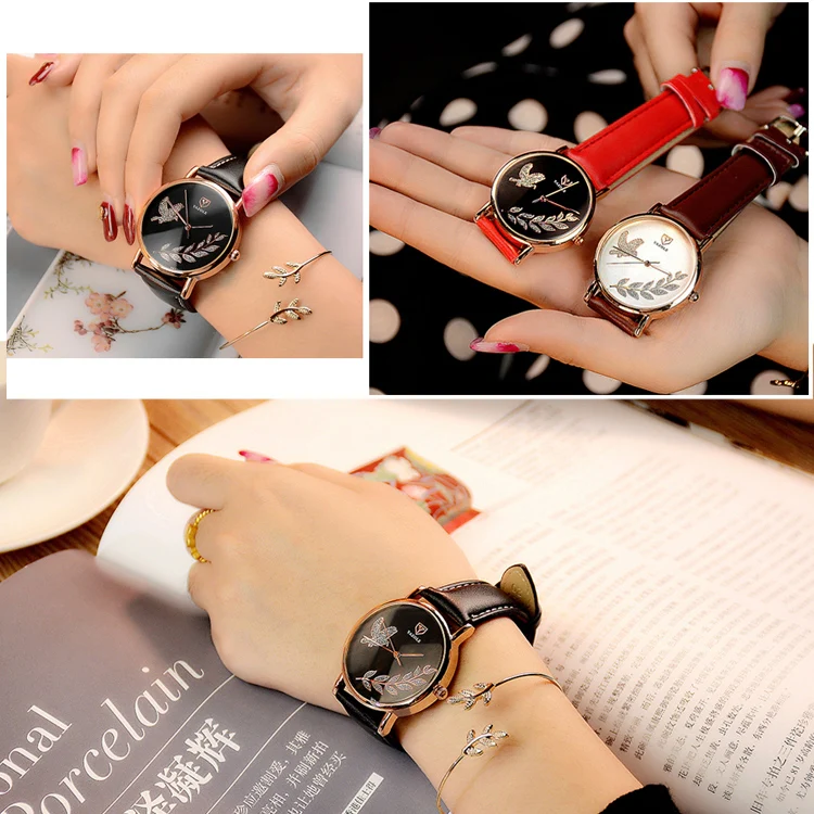 YAZOLE 360 Leather Band Dove of Peace Diamond Lady Watch(White+Red) - Image 7