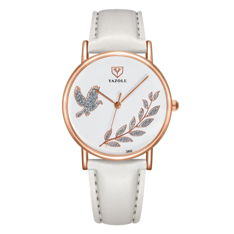 YAZOLE 360 Leather Band Dove of Peace Diamond Lady Watch(White+White)