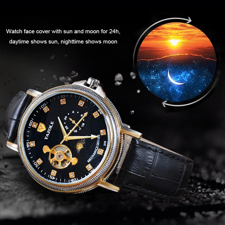 YAZOLE 379 Leather Band Large Dial Tourbillon Mechanical Watch(Black+Black) - Image 4