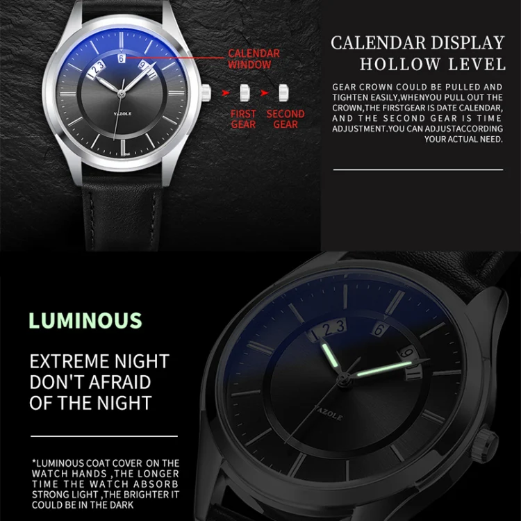 YAZOLE 513 Leather Band Calendar Waterproof Quartz Watch(Silver+Black) - Image 4