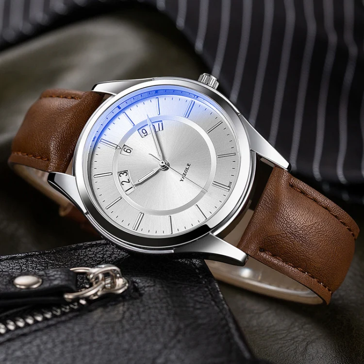 YAZOLE 513 Leather Band Calendar Waterproof Quartz Watch(Silver+Brown) - Image 2