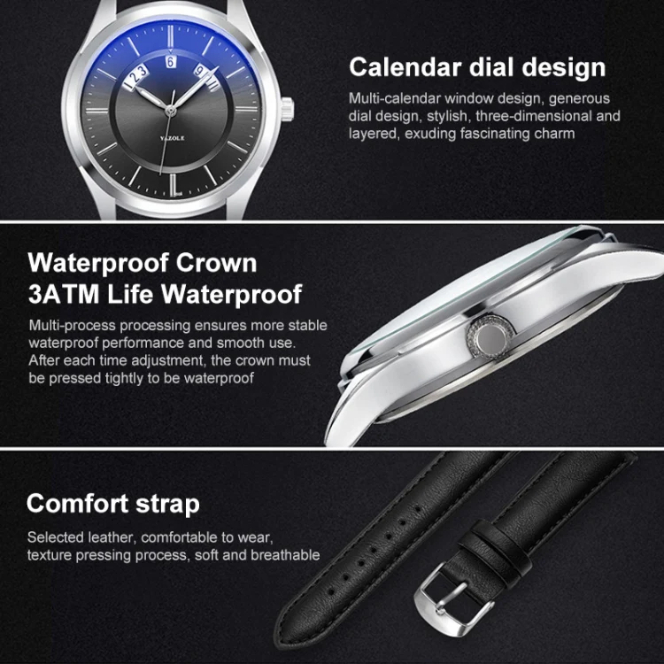 YAZOLE 513 Leather Band Calendar Waterproof Quartz Watch(Silver+Brown) - Image 6