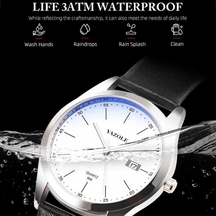 YAZOLE 560 Leather Strap Quartz Movement Waterproof Men Watch(Black+Black) - Image 5