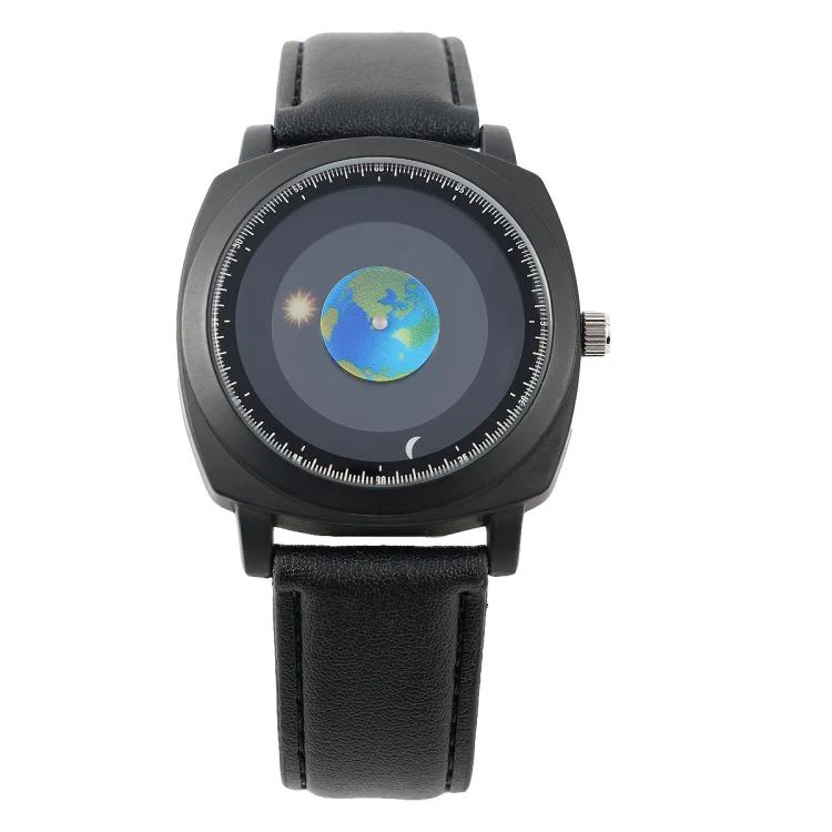 YAZOLE 588 Men Watch Earth Sun Moon Pointer Quartz Watch Student Wristwatch(Black)