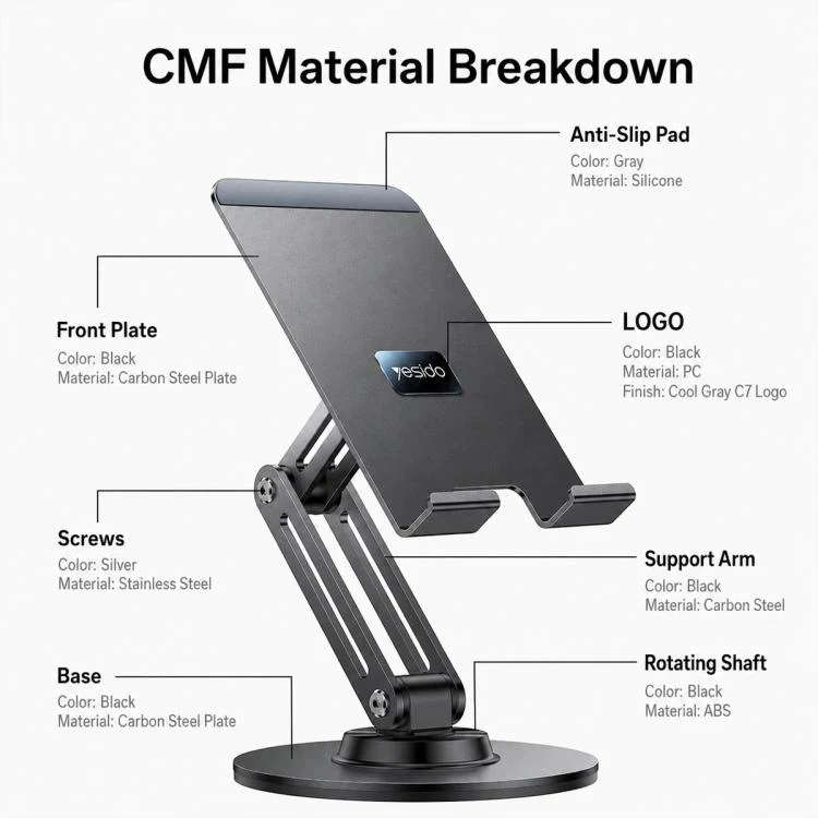 Yesido C302 360 Degree Rotation 3-Axis Foldable Desktop Tablet Phone Holder(Black) - Image 12