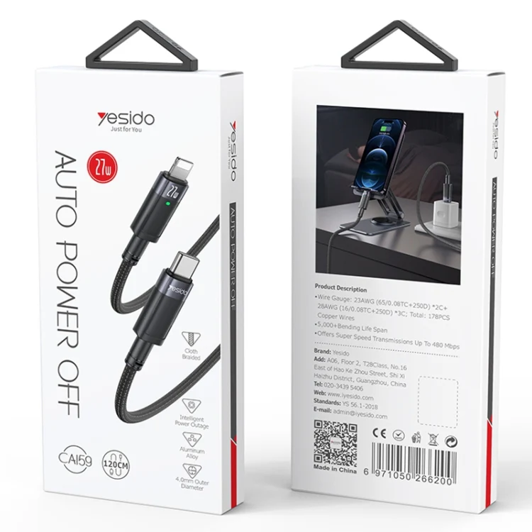 YESIDO CA159 1.2m 27W USB-C / Type-C to 8 Pin Auto Power-off Charging Cable(Black) - Image 10