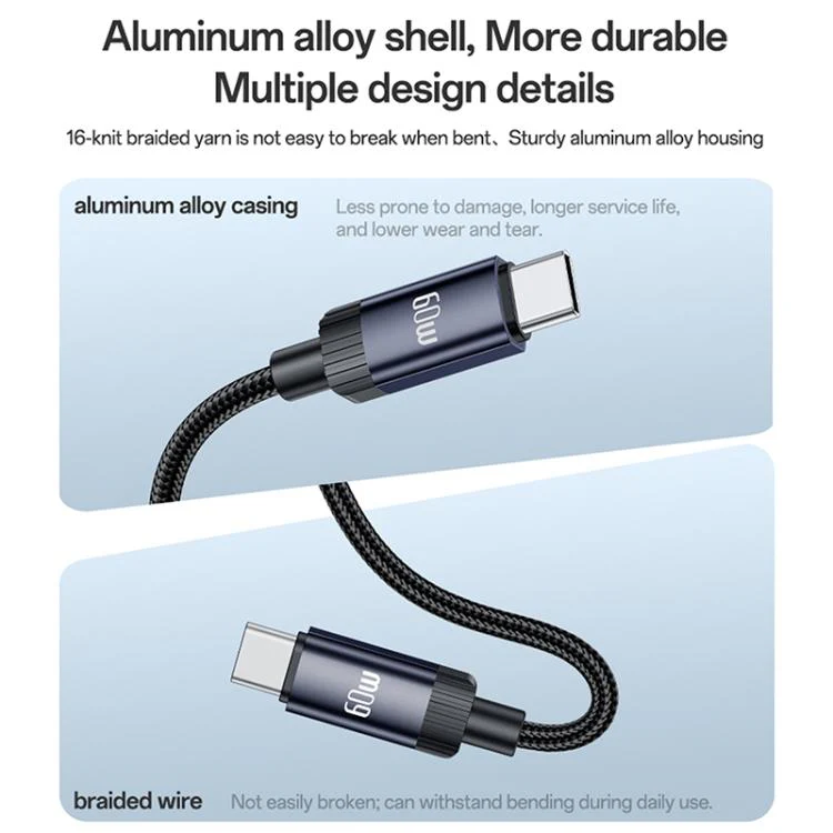 Yesido CA204 PD60W USB-C / Type-C to USB-C / Type-C Braided Data Cable, Length:1m(Gun Grey) - Image 10