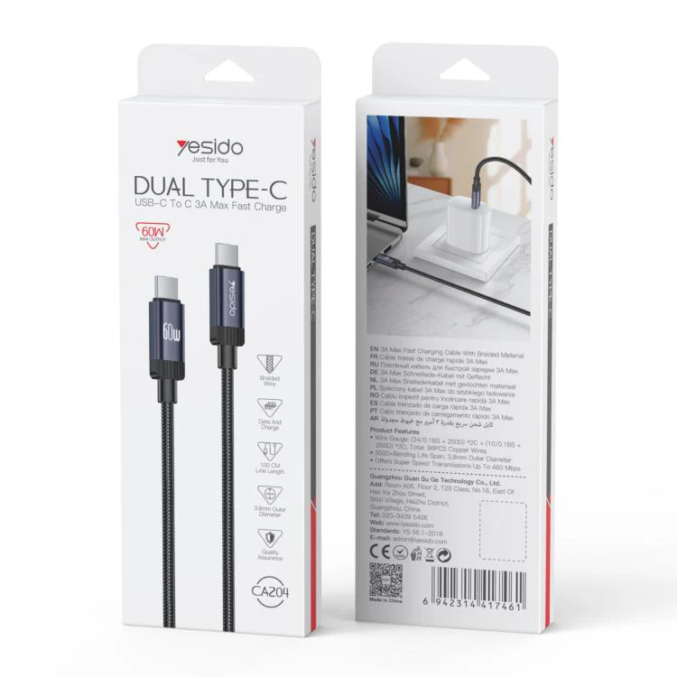 Yesido CA204 PD60W USB-C / Type-C to USB-C / Type-C Braided Data Cable, Length:1m(Gun Grey) - Image 11